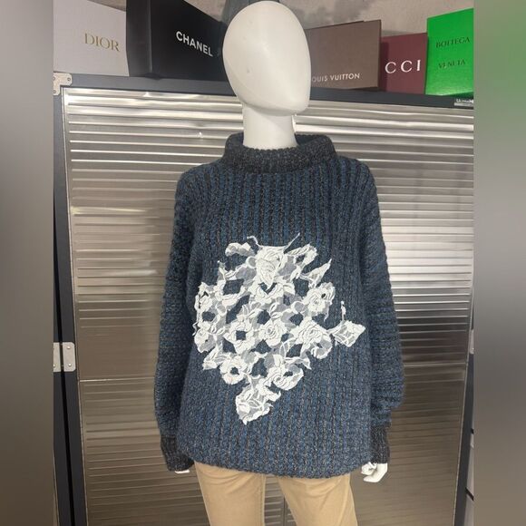 Loewe Wool Alpaca Anagram Dark Blue White Cowl Neck Sweater 56 Men’s Extra Large - Picture 1 of 11